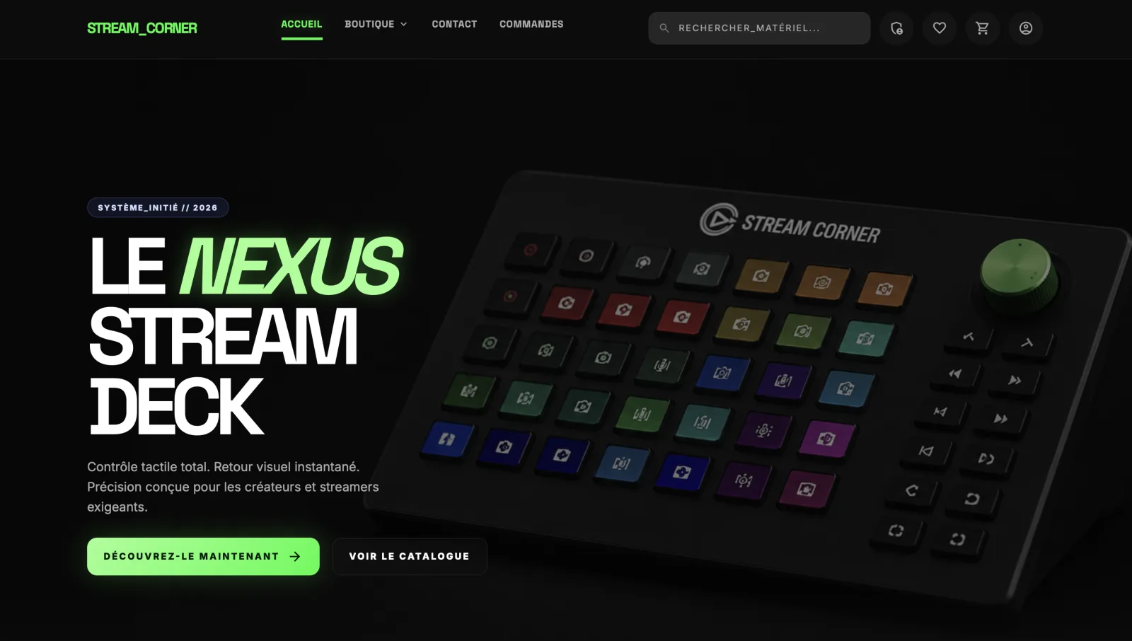 Accueil de la boutique e-commerce StreamCorner